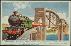 BRITISH RAILWAYS. WESTERN REGION. A Cornish express crossing the famous Royal Albert Bridge, Saltash, which spans the Tamar estuary to link Devon and Cornwall. It was Brunel's final and greatest engineering feat. Each of the two main spans is 455 ft. in length with long approach arches.
