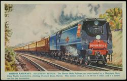 BRITISH RAILWAYS. SOUTHERN REGION. The Devon Belle Pullman car train hauled by a Merchant Navy Class Pacific Locomotive, climbing Honiton Bank, Devon. This incline arises at 1 in 80 for 5 miles, and is a sever test for the locomotive.