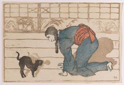 Woman in Kimono Playing with a Cat