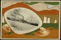 Japanese steamship shipping company postcard. 
Company flag with four lines intersecting in the center [in stamp box]..