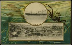 Japanese steamship shipping company postcard. Underwater scene with photos of steamship and port city.
