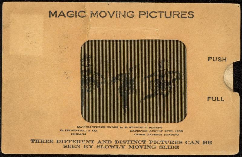MAGIC MOVING PICTURES [Dancing]
THREE DIFFERENT AND DISTINCT PICTURES CAN BE SEEN BY SLOWLY MOVING SLIDE