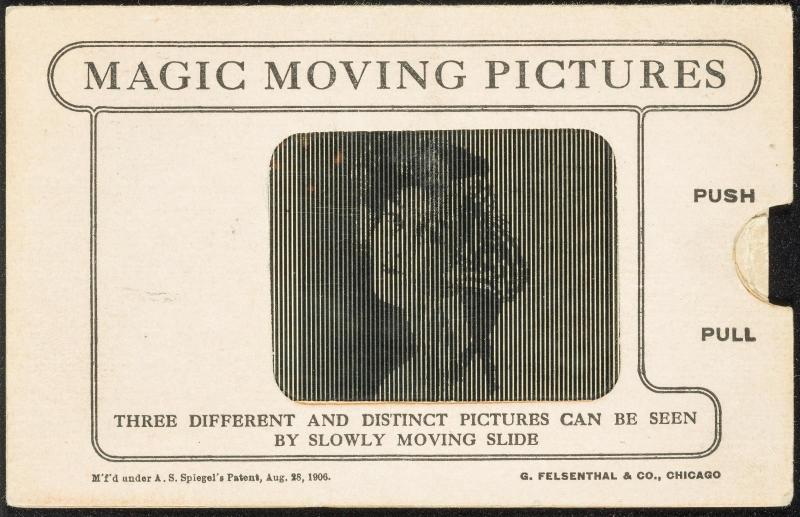 MAGIC MOVING PICTURES [Woman]
THREE DIFFERENT AND DISTINCT PICTURES CAN BE SEEN BY SLOWLY MOVING SLIDE