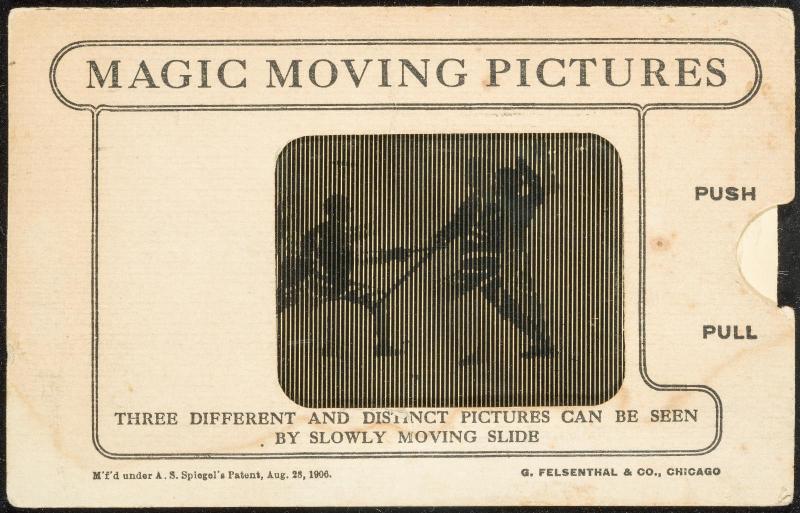 MAGIC MOVING PICTURES [Sword fighting]
THREE DIFFERENT AND DISTINCT PICTURES CAN BE SEEN BY SLOWLY MOVING SLIDE