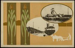 Decorative border around photos of shipping and industry.
