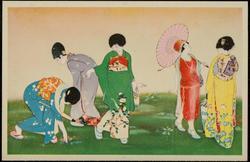 Four women in traditional Japanese clothing, and one in European clothing with umbrella.
