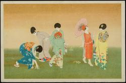 Four women in traditional Japanese clothing, and one in European clothing with umbrella.
