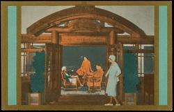 The entrance to Chichibu-jinsha, a venerated Shinto Shrine, is reproduced aboard the M.V. CHICHIBU MARU, for it is from this shrine that the ship receives its name. The entrance is pictured here, looking outward from the veranda. The CHICHIBU MARU is one of three new motor liners in the N.Y.K. Line's California-Orient service.

