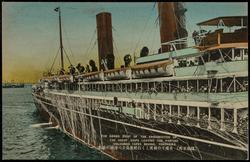 THE GRAND SIGHT OF THE EMBARKATION OF THE GREAT SHIPS LEAVING THE PARTING COLOURED TAPES BEHIND. YOKOHAMA.

