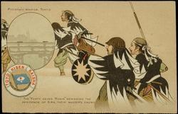 RYOGOKU BRIDGE, TOKYO. THE "FORTY SEVEN RONIN" BESIEGING THE RESIDENCE OF KIRA, THEIR MASTER'S ENEMY.
