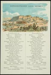 Doppelschrauben-Postdampfer "KÖNIGIN LUISE" Montag, den 18. Juni 1910.  Frühstück. Breakfast. 
ATHEN MIT THESEUSTEMPEL UND AKROPOLIS