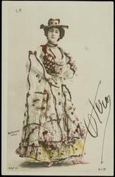 Woman in a lacy gown and hat.
