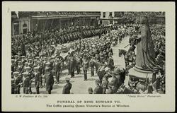 FUNERAL OF KING EDWARD VII. The Coffin passing Queen Victoria's Statue at Windsor.
