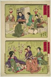 Good (above): A Son Who Puts His Family First (Ie o taisetsu suru musuko); Evil (below): A Son Who Loses the Family Fortune (Iekura o ushinau musuko); from the series Lessons in Good and Evil Through Pictures (Kyôkun zen'aku zukai)