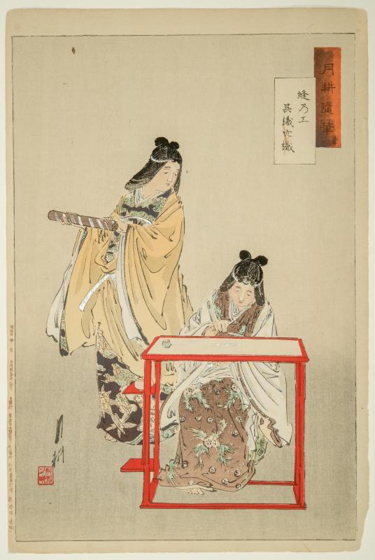 The Art of Needlework (Hô no kô): Kurehatori and Anahatori [=Ayahatori], from the series Gekkô's Miscellany (Gekkô zuihitsu)
