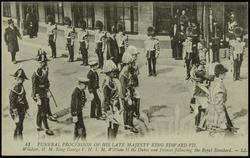 FUNERAL PROCESSION OF HIS LATE MAJESTY KING EDWARD VII. Windsor, H.M. King George V, H.I.M. William II, the Dukes and Princes following the Royal Standard. - LL.
