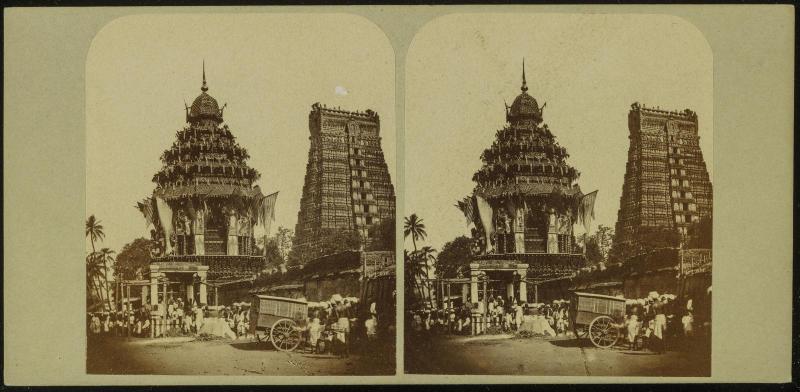 Juggernaut Car passing in Procession in front of the Nachair Pagoda, Strebellypootoor