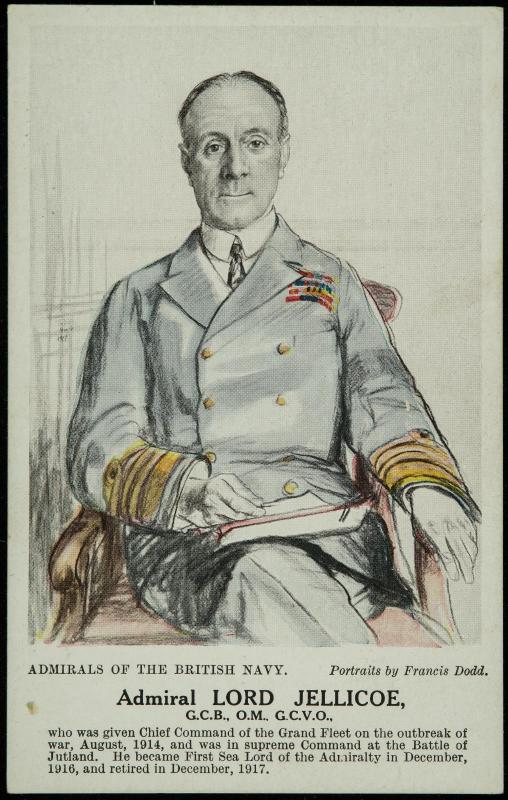 Admiral LORD JELLICOE, G.C.B., O.M., G.C.V.O., who was given Chief Command of the Grand Fleet on the outbreak of war, August, 1914, and was in supreme Command at the Battle of Jutland. He became First Sea Lord of the Admiralty in December, 1916, and retired in December, 1917.