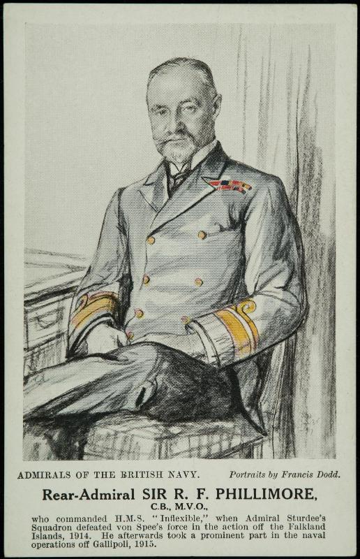 Rear-Admiral SIR R.F. PHILLIMORE, C.B., M.V.O., who commanded H.M.S. "Inflexible," when Admiral Sturdee's Squadron defeated von Spee's force in the action off the Falkland Islands, 1914. He afterwards took a prominent part in the naval operations off Gallipoli, 1915.