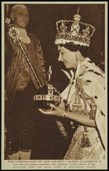 THE CORONATION OF HER MAJESTY QUEEN ELIZABETH II 
THE SMILING QUEEN WEARING THE IMPERIAL STATE CROWN AFTER ALIGHTING FROM THE ROYAL COACH AT BUCKINGHAM PALACE