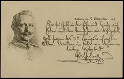 "Xmas Greetings from His Majesty the Kaiser to the German People". 
Vignette of KAISER WILHELM II, with, to the right, a dated message in his own handwriting & with signature. (In the old German script, but "Gott" (God) appears twice).