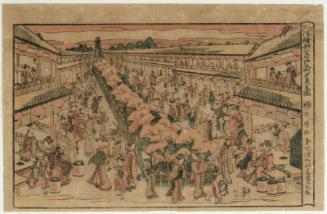 Evening View of Naka-no-chô in the New Yoshiwara (Shin Yoshiwara Naka-no-chô yûkei no zu), from the series Perspective Prints of Edo (Edo uki-e)