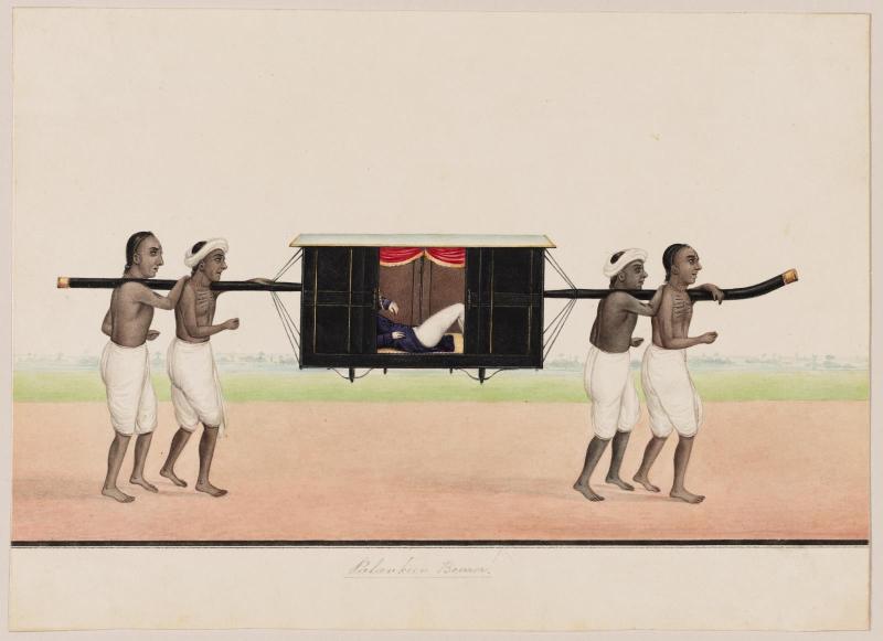 An Englishman being carried in a palanquin