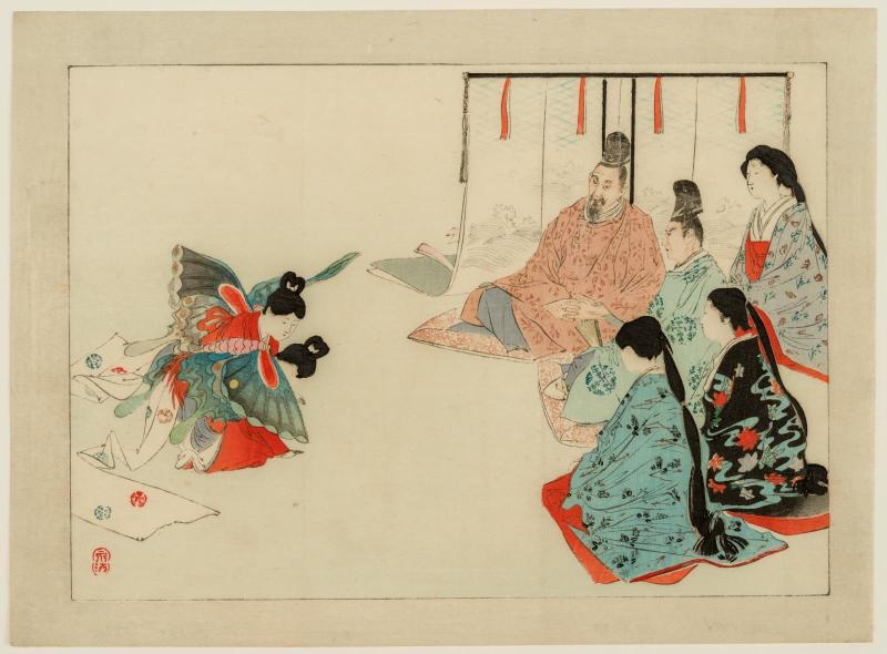 Courtiers Watching a Butterfly Dance, frontispiece illustration from Vol. 3 of the book Ôoku no jochû (The Ladies-in-waiting of the Shogun's Palace)