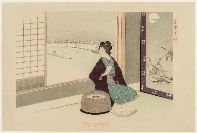 Woman Viewing Photograph Album on a Snowy Day, from the series (?) Eastern Figures (Azuma sugata)