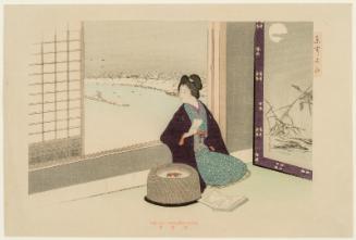 Woman Viewing Photograph Album on a Snowy Day, from the series (?) Eastern Figures (Azuma sugata)
