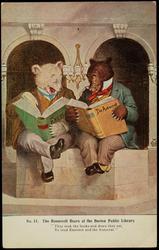 No. 11. The Roosevelt Bears at the Boston Public Library. 
"They took the books and down they sat, 
To read Emerson and the Autocrat."
