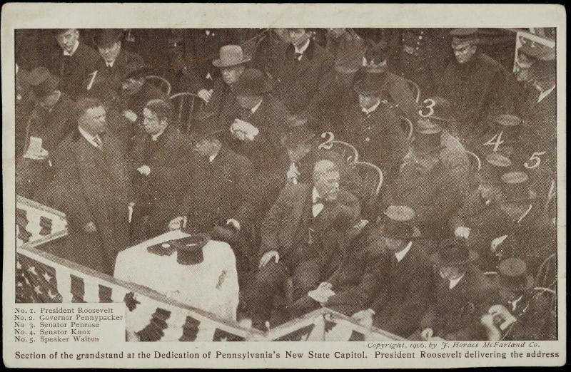 Section of the grandstand at the Dedication of Pennsylvania's New State Capitol. President Roosevelt delivering the address.
