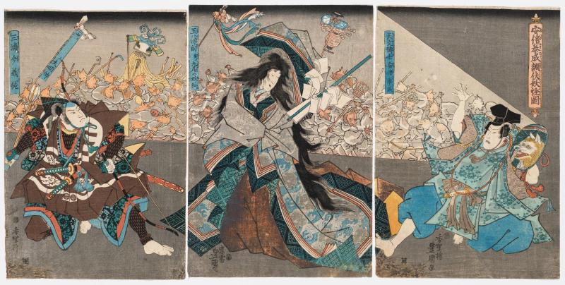 Abe no Yasunari Exorcizes the Phantoms (Abe no Yasunari yôkai o chôbuku no zu): Doctor of Astrology (Tenmon hakase) Abe no Yasunari (R); Tamomo no Mae, Actually a Nine-tailed Fox (Jitsu wa kyûbi no kitsune, C); and Miuranosuke Yoshizumi (L)