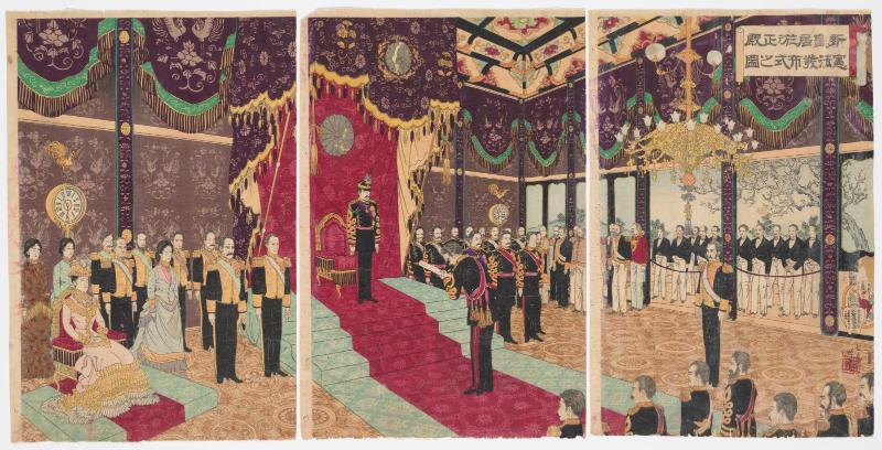 The Ceremony of the Promulgation of the Constitution in the State Chamber of the New Imperial Palace (Shin kôkyo seiden ni oite kenpô happushiki no zu)