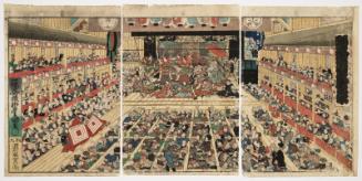 Superb Edo Pictures Illustrating Dances (Odori keiyô Edo-e no sakae): Interior of an Imaginary Theater with a Performance of Shibaraku