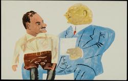Painting of Thomas Dewey sitting on H. Hoover's lap like a ventriloquist's puppet.