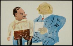Painting of Thomas Dewey sitting on H. Hoover's lap like a ventriloquist's puppet.