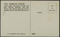 TWO AMERICAN FAMILIES... Left to right: John Dewey, Virginia and Nina Warren, Governor and Mrs. Warren, Mrs. Dewey, Governor Dewey, Dorothy Warren and Thomas Dewey, Jr.