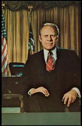 Thirty-eighth President of the United States Gerald R. Ford, pictured in the Oval Office at the White House, Washington, D.C.
