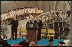 April 19, 1975 Concord Bicentennial Celebration at the Old North Bridge. On the podium (L-R) Reverend Dana McLean Greeley, John B. Finigan, President Gerald Ford, and Philip H. Suter. "...We mutually pledge to each other our lives, our fortunes and our sacred honor." Declaration of Independence.