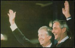 President Jimmy Carter and Vice-President Walter Mondale give the traditional victory wave at the 1980 Democratic National Convention in New York City. In the Fall months, they took their message to the American people but failed in the bid for re-election.