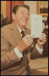 A jubilant Ronald Reagan displays a doodled self-portrait, reflecting the triumph of his 190-day counter-revolution. In the final legislative battle over his economic program, 48 House Democrats moved over to help the President win a 238-to-195 victory - the largest tax cut in U.S. history. On the same day, his radical tax cut package was endorsed by the Republican-controlled Senate by a vote of 89 to 11. In approving the President's policy, the Congress thus reversed 50 years of government policy begun under President Franklin Roosevelt and his "New Deal." "We have made a new beginning," exulted the President. July 29, 1981
