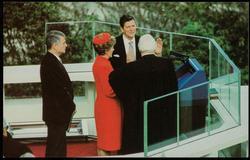 The Honorable Warren Burger, Chief Justice of the Supreme Court, administers the oath of office to President Ronald Reagan as First Lady Nancy and Senator Mark Hatfield watch.