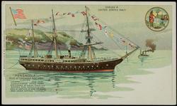 "PENSACOLA"  
BUILT AT PENSACOLA NAVY YARD, FLORIDA.
LENGTH, 250 FEET. DISPLACEMENT, 3000 TONS. STATIONED AT NAVAL TRAINING STATION, SAN FRANCISCO, CAL. WAS IN SERVICE AT NEW ORLEANS, 1862 UNDER ADMIRAL FARRAGUT.