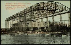 Battleship "North Dakota" just before leaving the ways, Giant Crane overhead. Fore River Ship Yards, Quincy, Mass.