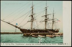 U.S. Training Ship, "Constellation" showing men scattered aloft, Training Station. Newport, R.I. 
