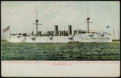 U.S. CRUISER BALTIMORE, LENGTH 327 FT. 6 IN., BREADTH 48 FT. 7 1/2 IN., DRAFT 20 FT., PLACE LAUNCHED PHILADELPHIA, PA.