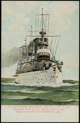 U.S. BATTLESHIP WISCONSIN, LENGTH 373 FT. 10 1/2 IN., BREADTH 72 FT. 2 1/2 IN., DRAFT 23 FT. 8 1/8 IN., PLACE LAUNCHED SAN FRANCISCO, CAL.