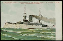 U.S. BATTLESHIP ALABAMA, LENGTH 373 FT. 11 9/16 IN., BREADTH 72 FT. 2 1/2 IN., DRAFT 23 FT. 8 1/2 IN., PLACE LAUNCHED PHILADELPHIA, PA.