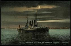 U.S. BATTLESHIP VIRGINIA, IN NORFOLK HARBOR, AT NIGHT.